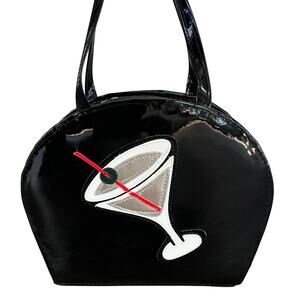 Cookie Puss Martini Glass‎ Patent Handbag Black Novelty Bowler Bag Y2K Vintage